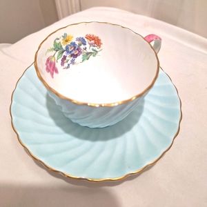 AYNSLEY(Rare Find) Bone China Pale Blue Swirl Teacup & Saucer, #545-Gold Trim